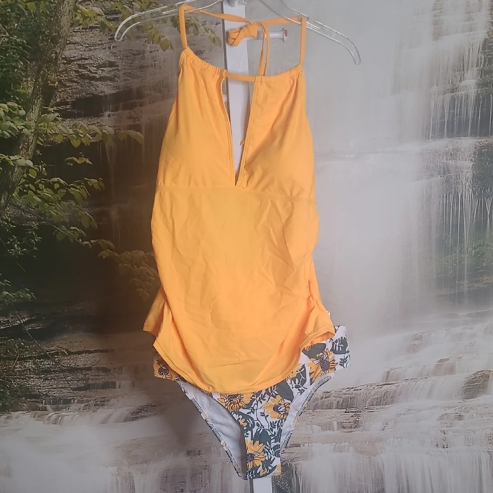 New! Missky Womens XL bright yellow sunflower two piece tankini swim suit